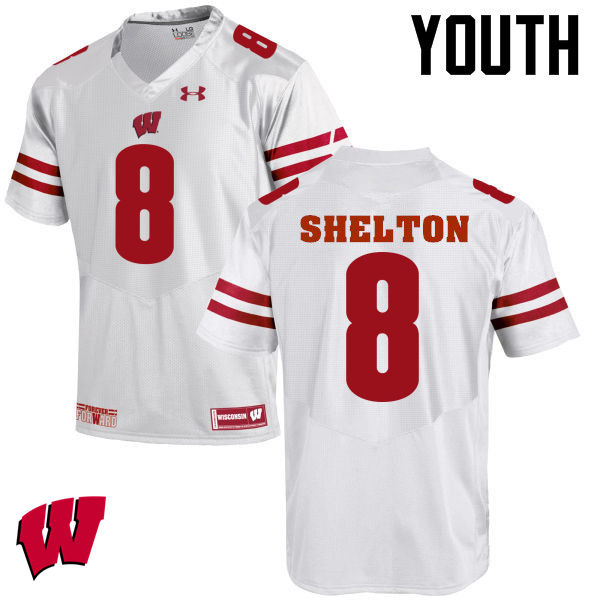 Youth Wisconsin Badgers #8 Sojourn Shelton College Football Jerseys-White - Click Image to Close